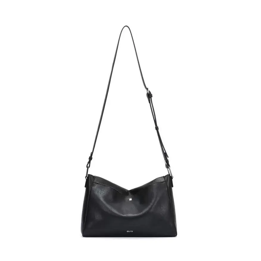 Women's Preppy Plain Adjustable Cowhide Messenger Bag, Large-Capacity Black Shoulder-Crossbody Bag for Business Travel