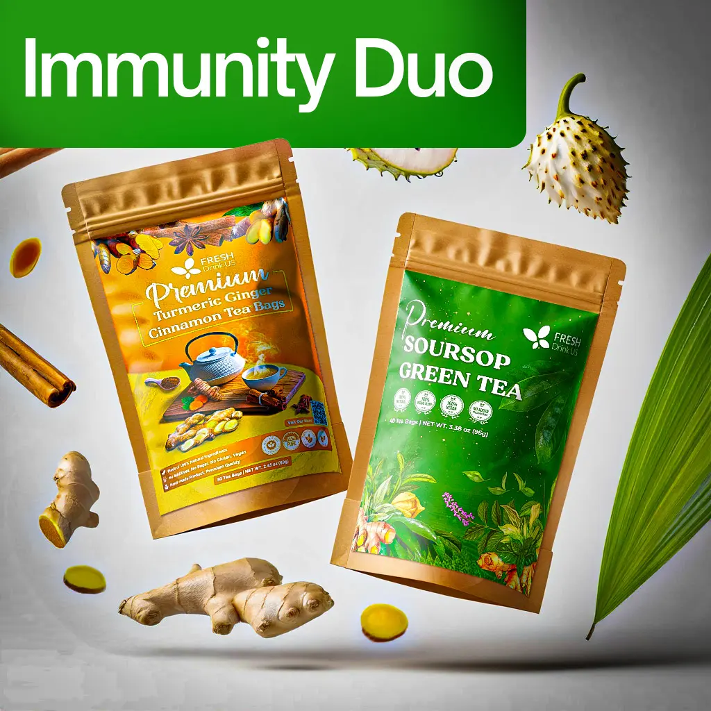FreshDrinkUS ImmuniTea Duo – Turmeric Ginger Cinnamon & Soursop Leaf Blend 100% Natural Wellness Tea | Anti-Inflammatory & Immune Support | Caffeine-Free | Vegan | No Sugar