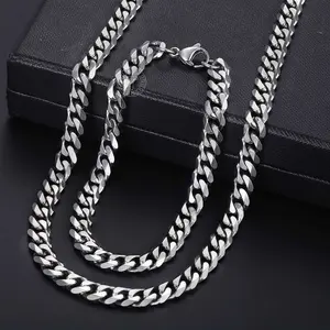 Hermah Men's Stainless Steel Curb Cuban Chain Necklace & Bracelet Set 3/5/7/9/11mm Width Jewelry Gift