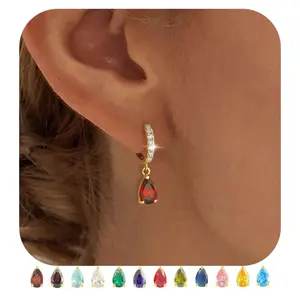 Dangle Earrings for Women Trendy 14K Gold Plated Hypoallergenic Drop Hoop Earrings Dainty Green Emerald Birthstone Huggie Earrings for Birthday Gifts