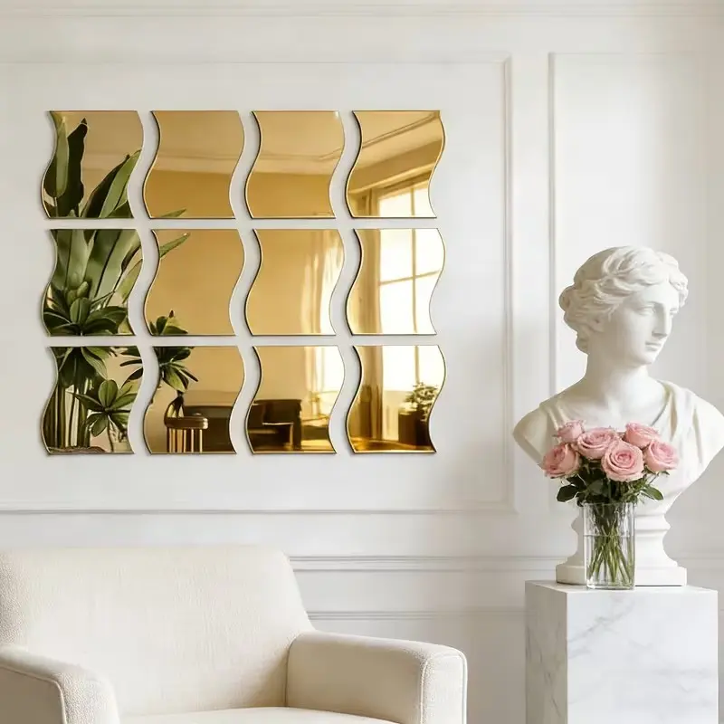 6 pieces, Wavy Gold Mirror Wall Decals, Shatterproof Acrylic Self-Adhesive Mirror, DIY Removable Decorative Stickers, Suitable for Bedroom, Living Room, Bathroom, and Gym Interior Wall Decor, 25x30cm