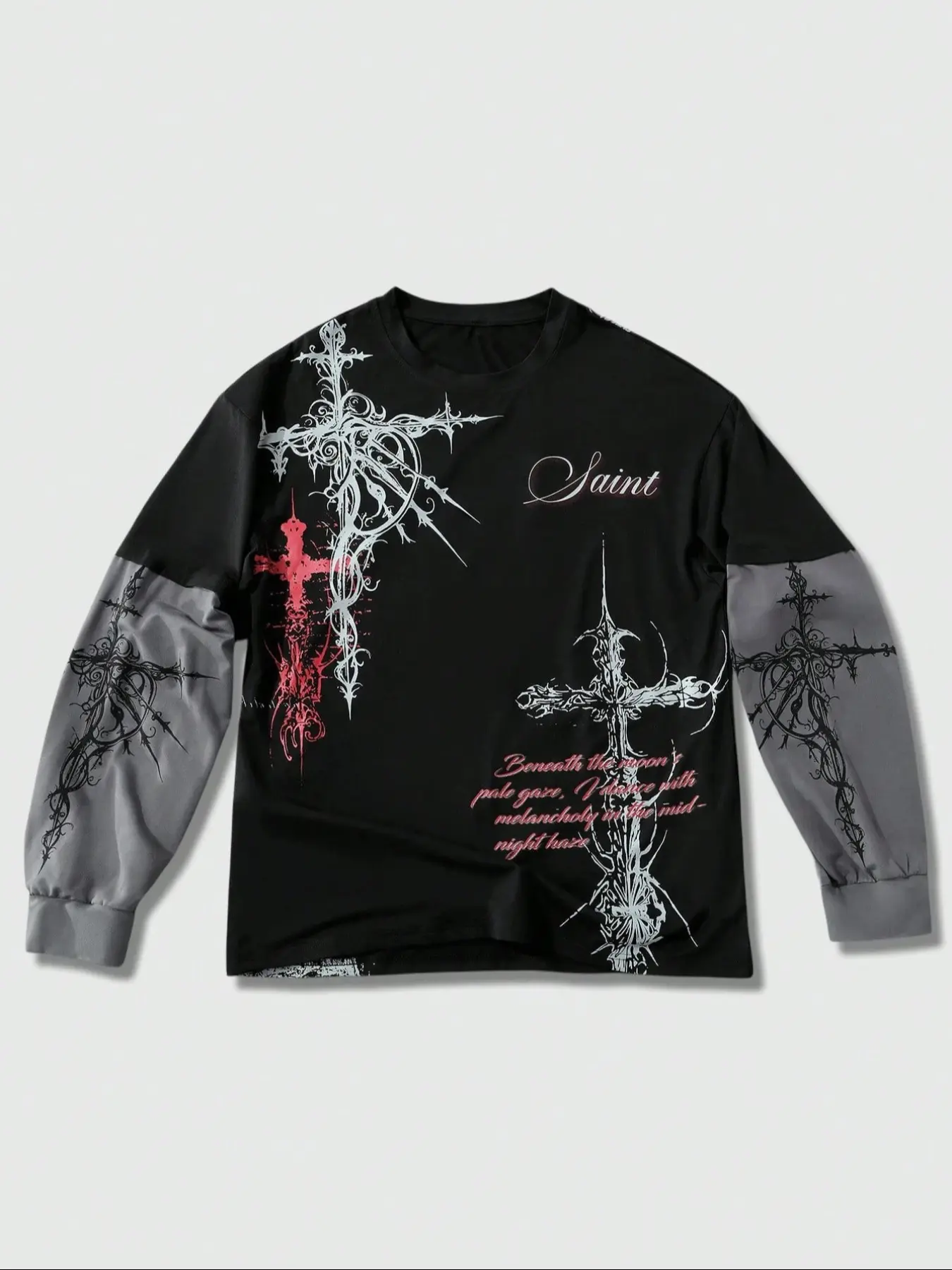 Gothic Style Streetwear Men's Long Sleeve Mock Two-Piece Black T