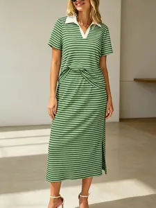 Womens 2 Piece Outfit Casual Lapel T-Shirt Polo Collar Top Slit Midi Skirt Set 65% Viscose 35% Polyester 2026 Summer Trendy Sweatsuit Lounge Wear Elegant Commuter Co-ord Chic Everyday Streetwear Comfortable Breathable Matching Suit