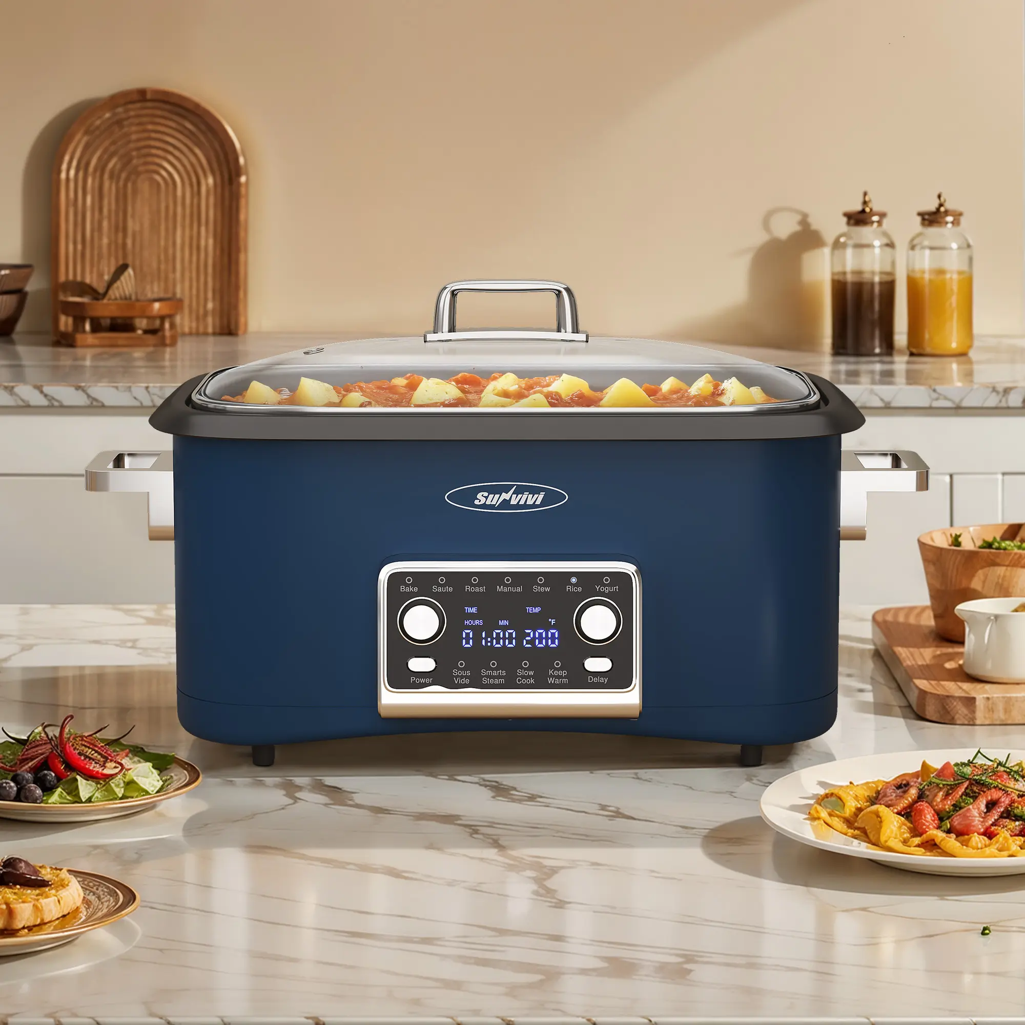 Sunvivi 8 Quart Slow Cooker Roaster Oven, 12 in 1 Programmable Multi-Cooker Food Warmer with Digital Timer, Temp Control, Removable Cast Aluminum Pot & Dishwasher-Safe Tempered Glass Lid, Blue Multifunction Appliance