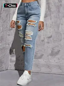 Women's Plain Ripped Distressed Destroyed Medium Wash Denim Jeans, Fashion Casual High Waist Fitted Trousers for Daily Outdoor Wear, Ladies Bottoms for All Seasons, Womenswear, Ripped Holes Jeans