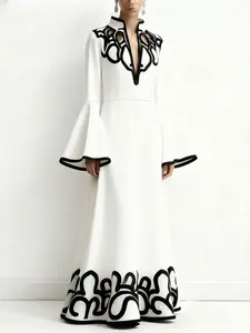Women's A-Line Flare Sleeve Abstract Print Colorblock Cut-Out Patchwork Stand Collar Long Dress, Elegant Casual Fashion
