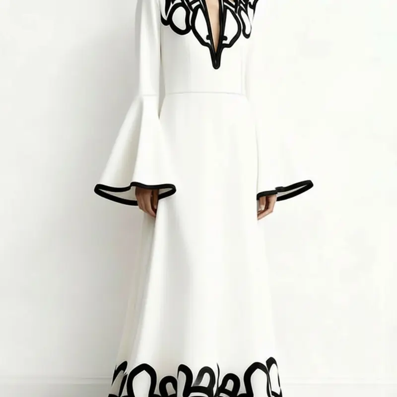 Women's A-Line Flare Sleeve Abstract Print Colorblock Cut-Out Patchwork Stand Collar Long Dress, Elegant Chic Casual Fashion, Flared