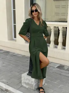 A plain black V-neck dress with puffed mid-length sleeves, a single row of buttons, and a fitted waist, long length. It follows an elegant style, suitable for Casual wear, light business commuting, refined dates, or small formal gathering