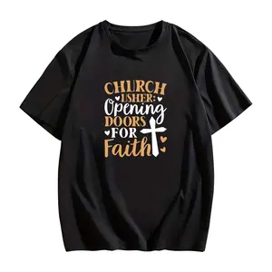 Church Event Perfect Black Tee with Usher Doors Text and Heart Embellishments