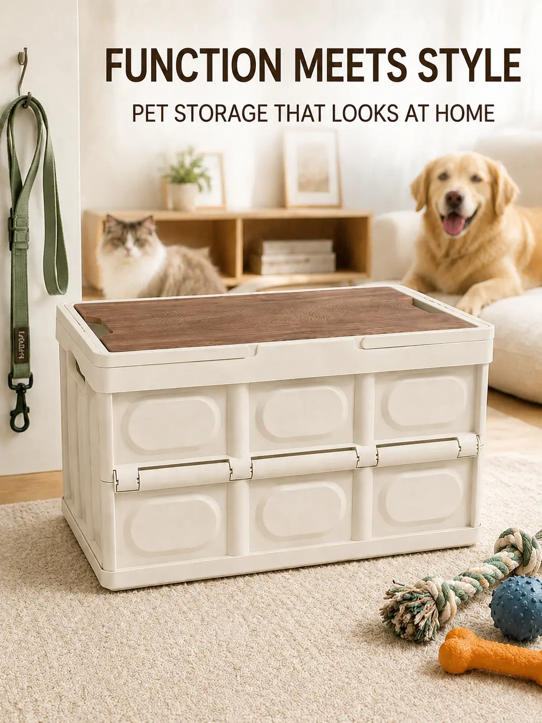 MeToMe Collapsible Dog Toy Basket with Handles, Portable Dog Stuff Organizer, Outdoor Storage Box with Table Function, Ideal for Car Trunk, RV Trip, Picnic