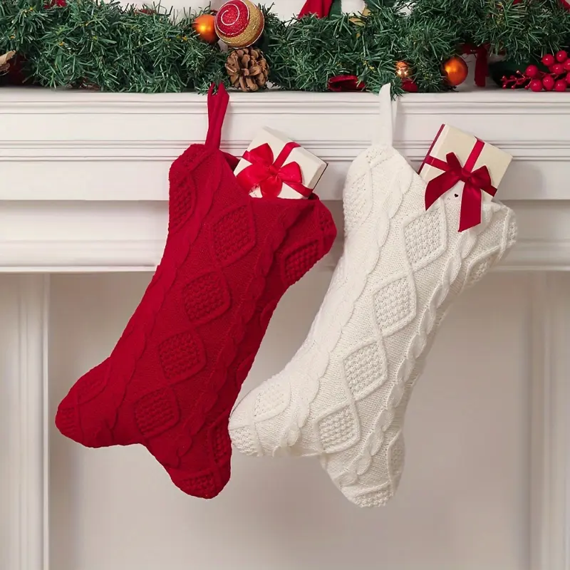1pc Knit White Christmas Stocking, Bone Shape Dog Stocking, Large Pet Stockings for Dogs Cats, Classic Style, No Feather, Festive Holiday Decor for Home & Kitchen