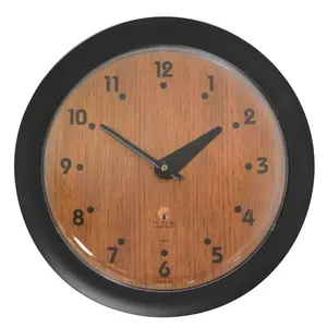 14" x 1.8" Oak Veneer Traditional Decorative Wall Clock Black Frame - By Chicago Lighthouse: Modern Design, Indoor Use, Analog Display