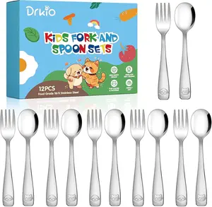 "DRKIO Stainless Steel Toddler Utensils Set - 12 Pieces Kids Silverware Set Children Safe Food Grade Small Forks and Spoons Dishwasher Safe Mirror Polished "