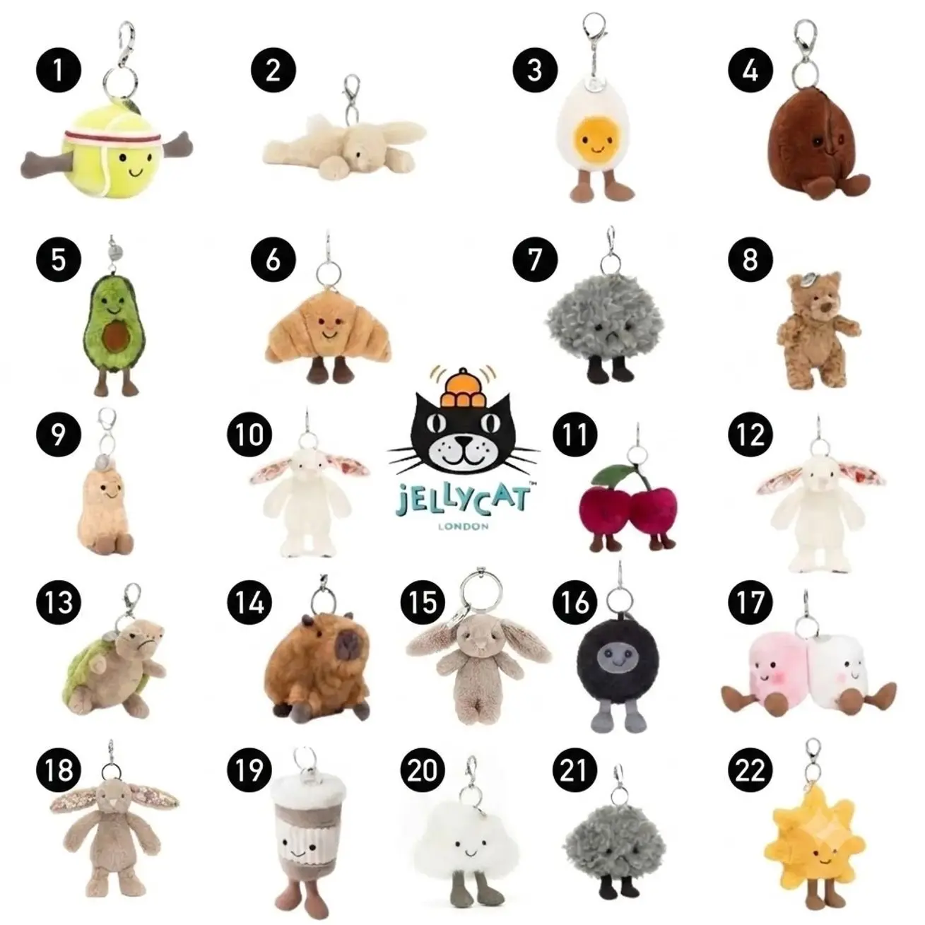 Jellycat Collectible Plush Keychain - Cute Animal & Food Themed Soft Charm - Hanging Pendant Gift for Backpacks, Car Keys