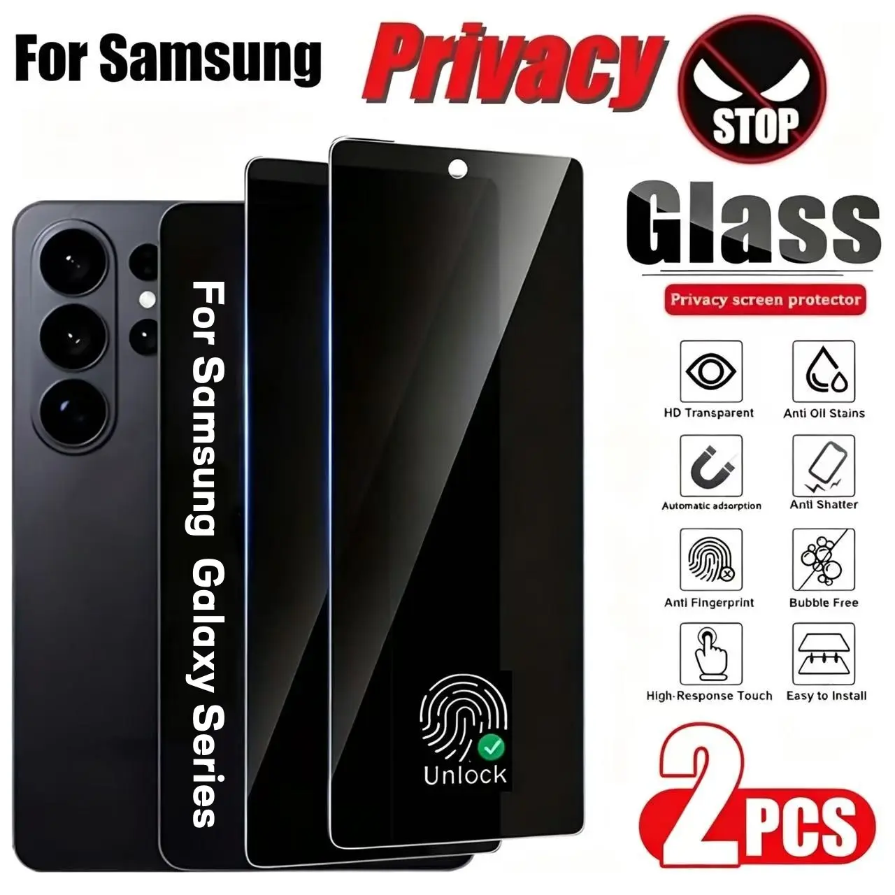 2pcs Full Coverage Privacy Screen Protector, Tempered Glass Film for Samsung Galaxy S26/S25/S24/Ultra/Plus/S24 FE/S23 FE/S23/S23+/S22/S22+, Fingerprint Unlocking, Anti-Peeping, Anti-Fingerprint, Smooth Edges, Anti-Scratch, Bubble-Free Installation