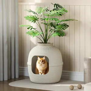 RoyalCraft Hidden Litter Box with Faux Plant, Large Cat Litter Box with Rattan Pattern, Heavy Duty PP Material Litter Box Enclosure Furniture for Home Decor
