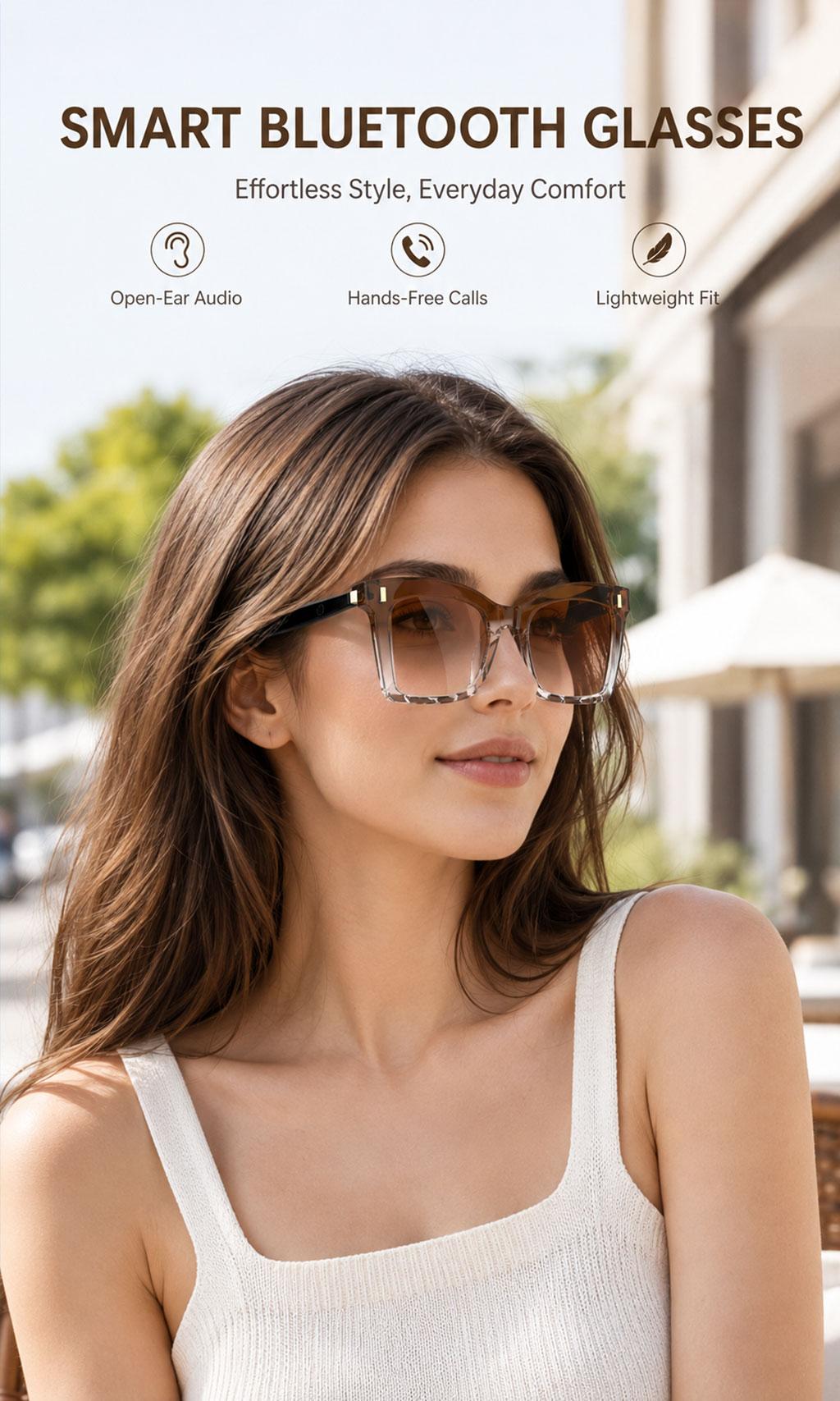 Smart Bluetooth Glasses, Bluetooth Audio Glasses, Auto Power On When Worn, Bluetooth Headset Sunglasses, Open-Ear Audio, Hands-Free Calling, Music Playback, Touch Control, Voice Assistant, Women's Sunglasses, Beach Sunglasses, Holiday Gift tiktokshopbackt
