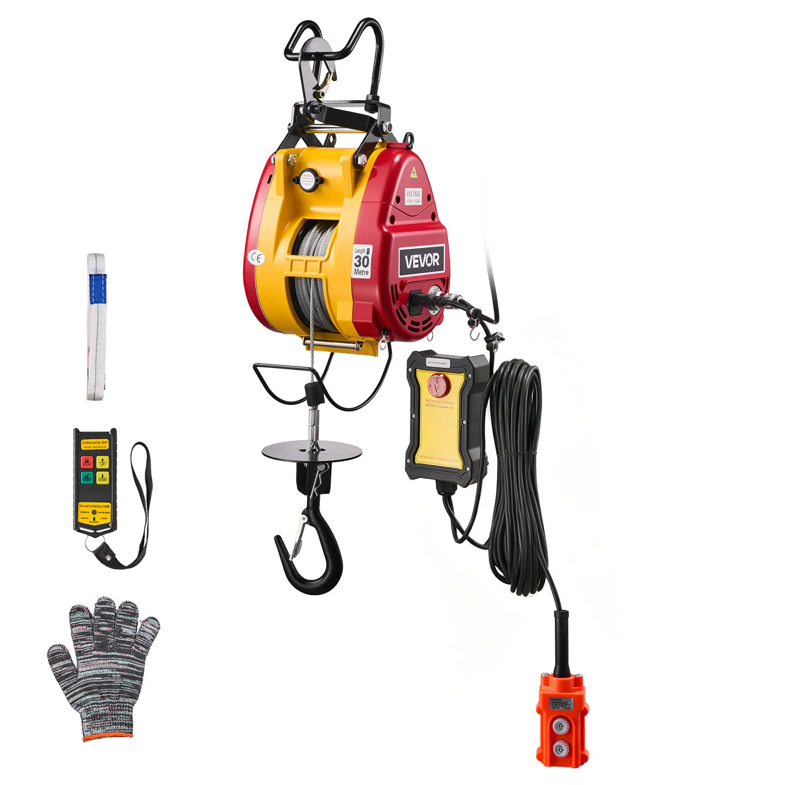 VEVOR 2-in-1 Electric Hoist Winch Engine Hoist, 660 lbs Capacity 1500W Portable Power Winch Crane, 98.4 ft Lifting Height, 62 ft/min Speed, Wired & Wireless Remote Control, Carbon Brushes, Galvanized Steel Wire Rope for Garage, Warehouse, 22.3 Ft Wired Re