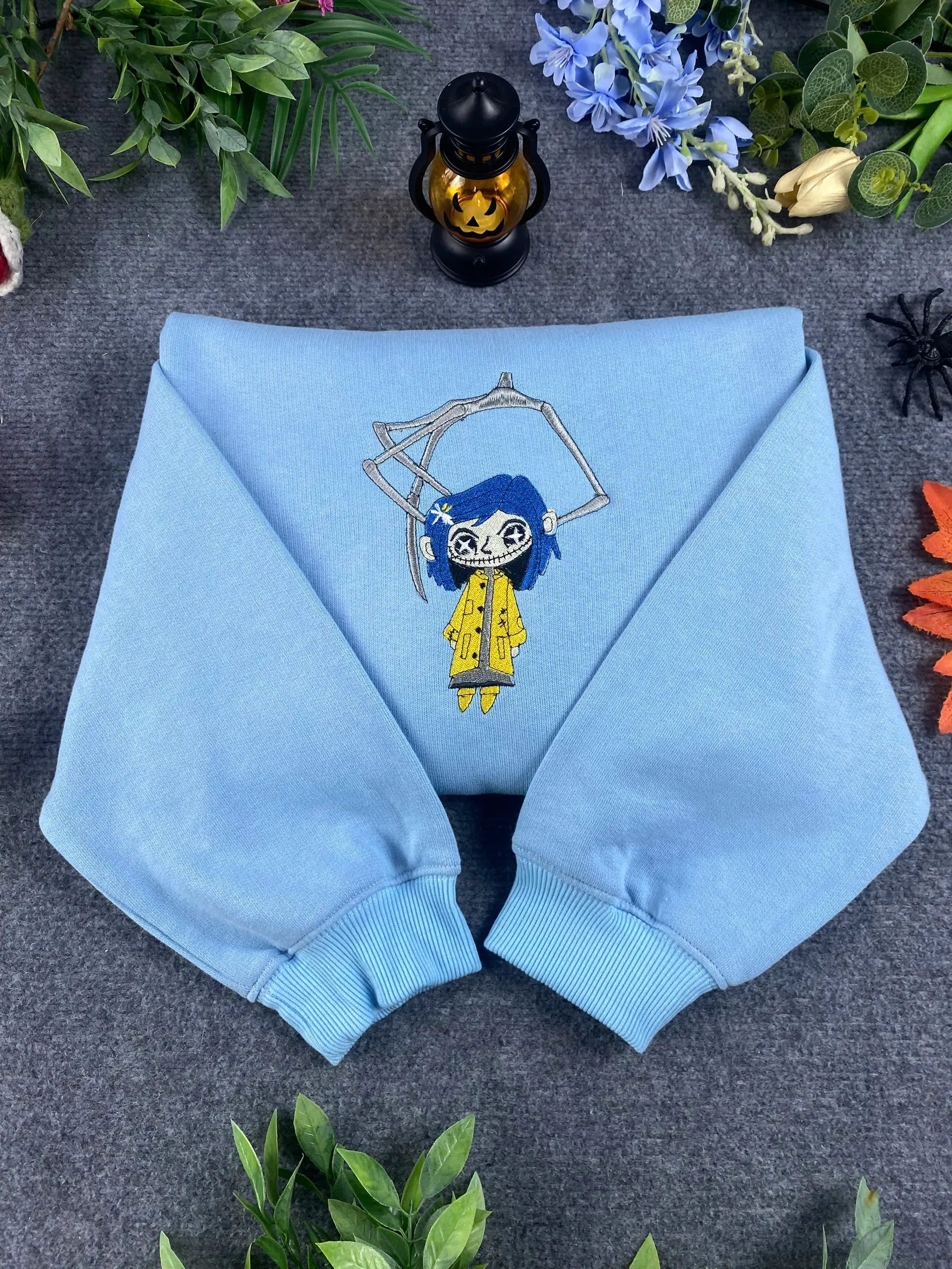 C0raIlnee Embroidered Sweatshirt, Cute Doll Halloween Hoodie, Spooky Doll Crewneck, Cozy Embroidery Gift for Women