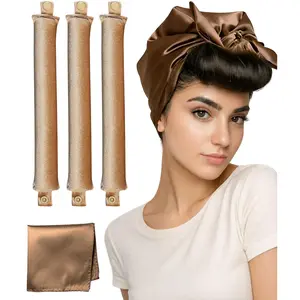Satin Heatless Curling Rod - 4pcs Brown Jumbo Flexible Rod with Velvet Texture, Snap Fit, Travel Friendly Overnight Hair Curler for Women