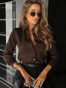 Women's Casual Elegant Solid Color Long Sleeve Shirt, Smooth Comfortable Breathable Fabric, Slim-Fitting Style, Spring & Fall All-Season Wear