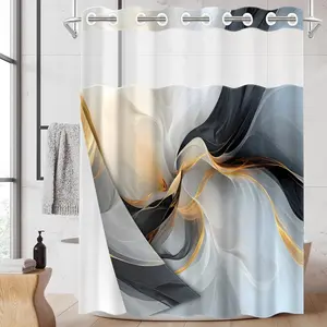 1PC 2D Flat Ink Painting Gold Pattern Double-Layer Woven Shower Curtain (No Hooks), Transparent Top Window, Removable Lining with Clips, Modern and Unique Home Bathroom Partition Art Decoration, Bathroom Decor, Holiday Decoration, Shower Curtain Liner