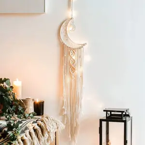 Macrame Woven Wall Hanging Moon Dream Catcher - Boho Chic Bohemian Home Decor Wall Art, Beautiful Decoration for Apartment Dorm Room Door (Moon)