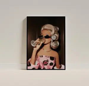 Retro doll cocktail poster, coquette aesthetic wall art, bar cart decor print, (Unframed, Print Only)