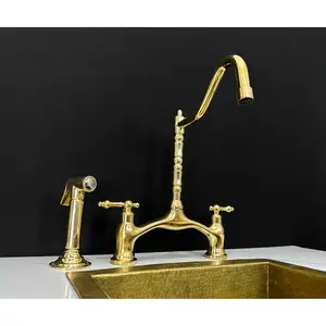 Brass Victorian Bridge Faucet with Side Sprayer – Handmade Unlacquered Brass Faucet