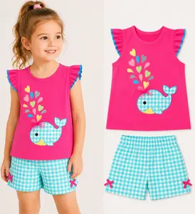 Girls Whale Applique Shorts Set, Toddler Little Girls 2 Piece Cotton Outfit with Flutter Sleeves Glitter Heart Print and Gingham Shorts for Kids 2-7Y