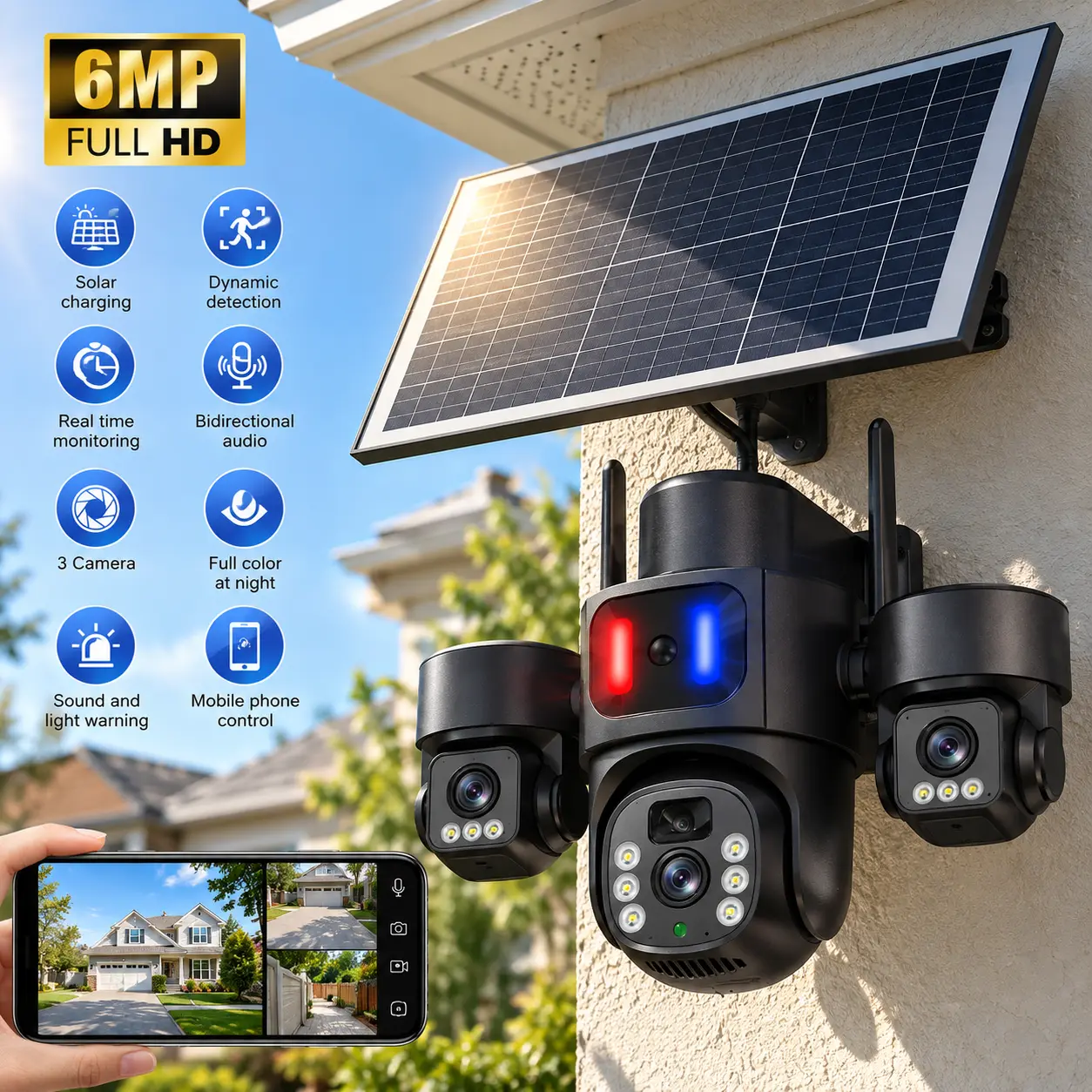 Toolupgrade 3-Camera Wireless Outdoor Home Security System, 6MP Full HD Solar Cordless Wifi Security Camera, 8000mAh Battery, Motion Detection, Night Vision, Outdoor Surveillance, Home Security Camera