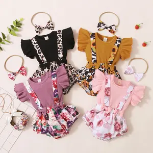 Toddler Newborn Baby Girl Clothes Solid Color Ribbed Romper Ruffle Short Sleeve Suspender Bloomer Shorts with Hairband 2Pcs Summer Outfits