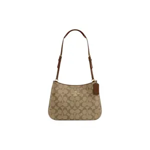 COACH Penelope 27 Signature Monogram Leather Tote and Shoulder Bag for Women in Khaki and Saddle Brown