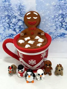 Wesctcoast3d Gingerbread Jacuzzi Container with Mini Gingerbread Man Penguin Reindeers Snowman 5.75" 3D Printed Cute Holiday Decor Cozy Christmas Scene