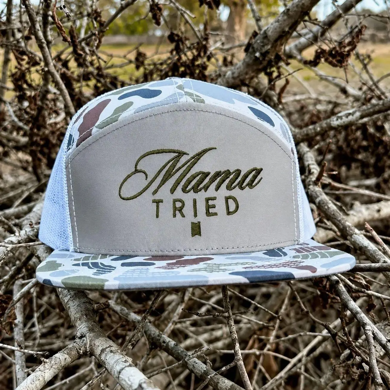 Mama Tried Bottomland Camo Cap | Ultra 7 Panel Flat Bill Mesh Snapback Hat