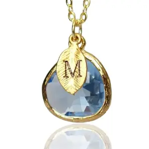 Personalized Blue Topaz Necklace - Custom Initial Leaf Pendant, 12.5x16mm Glass Pendant, 16", 18", 20" Chain Options, Bridesmaid Gift