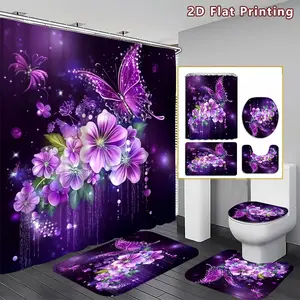 4PCS Enchanted Butterfly Shower Curtain set, Purple Floral and Butterfly Bathroom Decor, Accessories with Bath Mat, U-shaped Mat, Toilet Lid Cover, 12 Hooks 180x180cm Curtain, Butterfly Aficionado, Home Decor, bathroom accessories