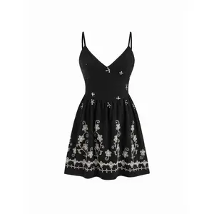 Cider Jersey V-neck Floral Embroidery Flared Cami Mini Dress