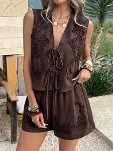 Women's V Neck Lace-Up Sleeveless Crop Top & Shorts Set, Casual Loose Fit Plain Design, Daily Wear Two-Piece Womenswear