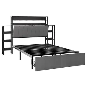 Full Upholstered Bed Frame with Hidden Headboard Storage,Top Shelve, LED Lights, Charging Station, Side Shelves, Pull-Out Footboard Storage, No Box Spring Needed, Black