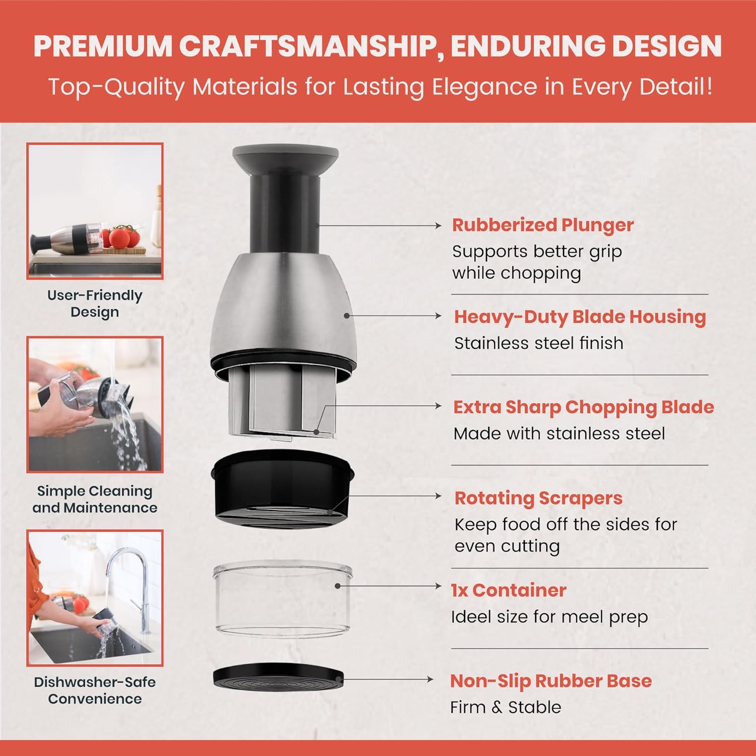 Stainless Steel Manual Food Chopper | Hand Pull Garlic Mincer & Vegetable Dicer | Onion Cutter, Nut Grinder, Herb Chopper | Dishwasher Safe Kitchen Gadget