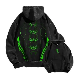 Retro Vintage Cyberpunk Edgerunners Casual Washed Hoodie Cotton Tee Heavyweight Washed T-Shirt Game Acid Washed Lightweight T Shirt Gift For Game Fan Gamers Cotton Clothing Menswear Classic Apparel Soft Man Oversized Long Sleeve Sweatshirt