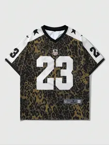 Trendy Leopard Print '23' Knit Graphic Tee, American Street Style Streetwear Loose Fit Short Sleeve Top, Unique Casual Wear for Men & Women