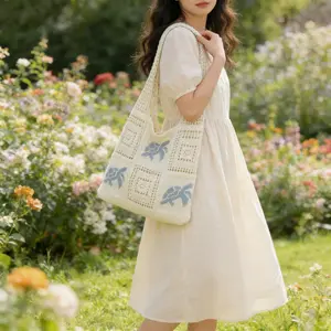 [AURA & LSlE]Knitted bag vintage hollow-out handmade woven bag shoulder bag blue sea turtle women's handbag shopping bag