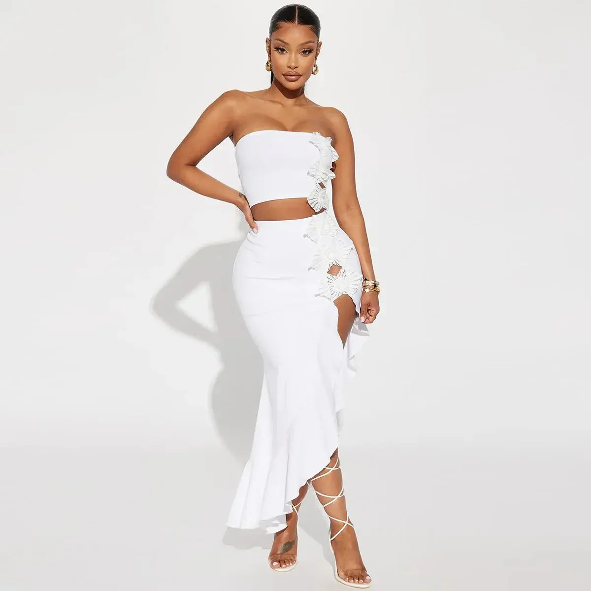 Manchester Strapless Crop and Ruffles Split Midi Maxi Long Two Piece Set