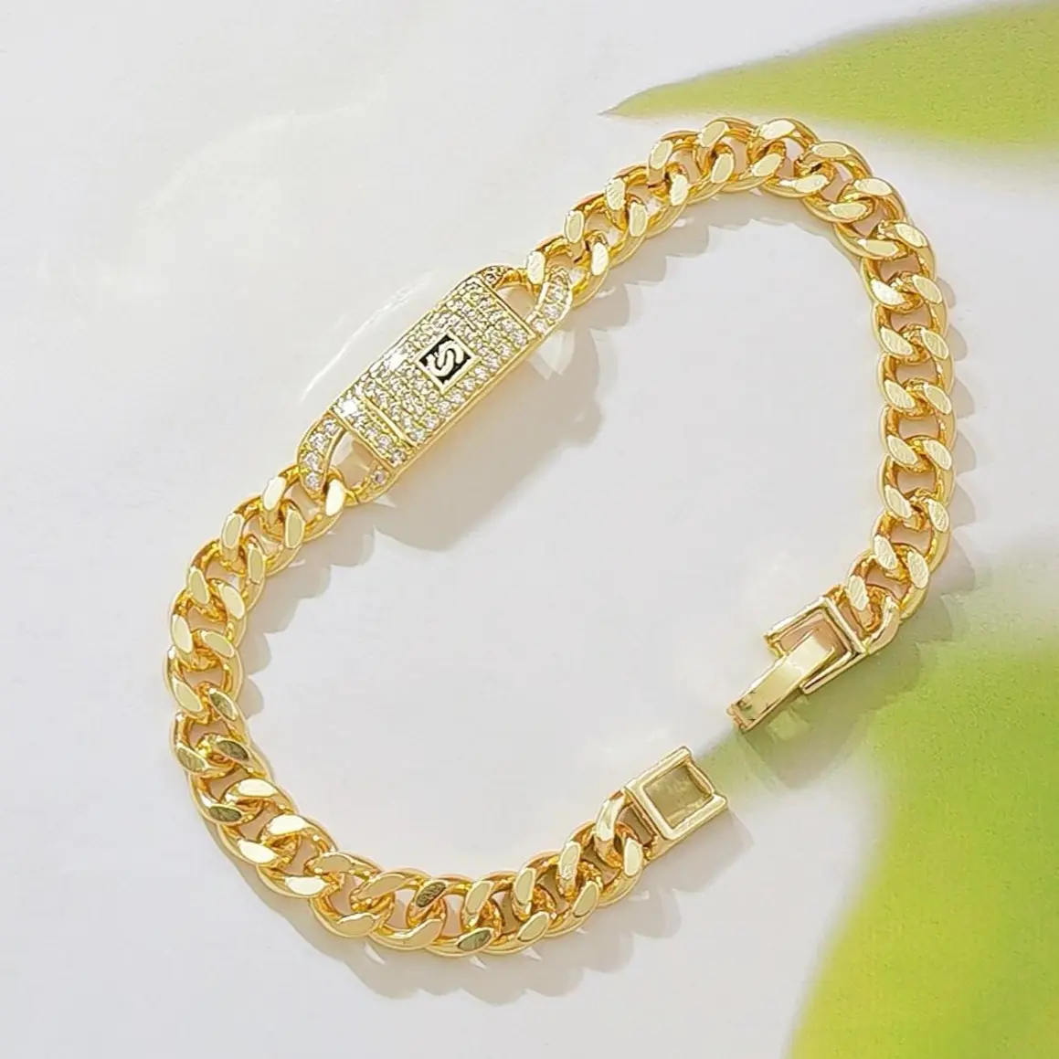 14K Gold Chunky Cuban Link Bracelet Paved CZ Rhinestone S Logo Rectangle Charm Adjustable Stack Wrist Jewelry For Women Daily Party