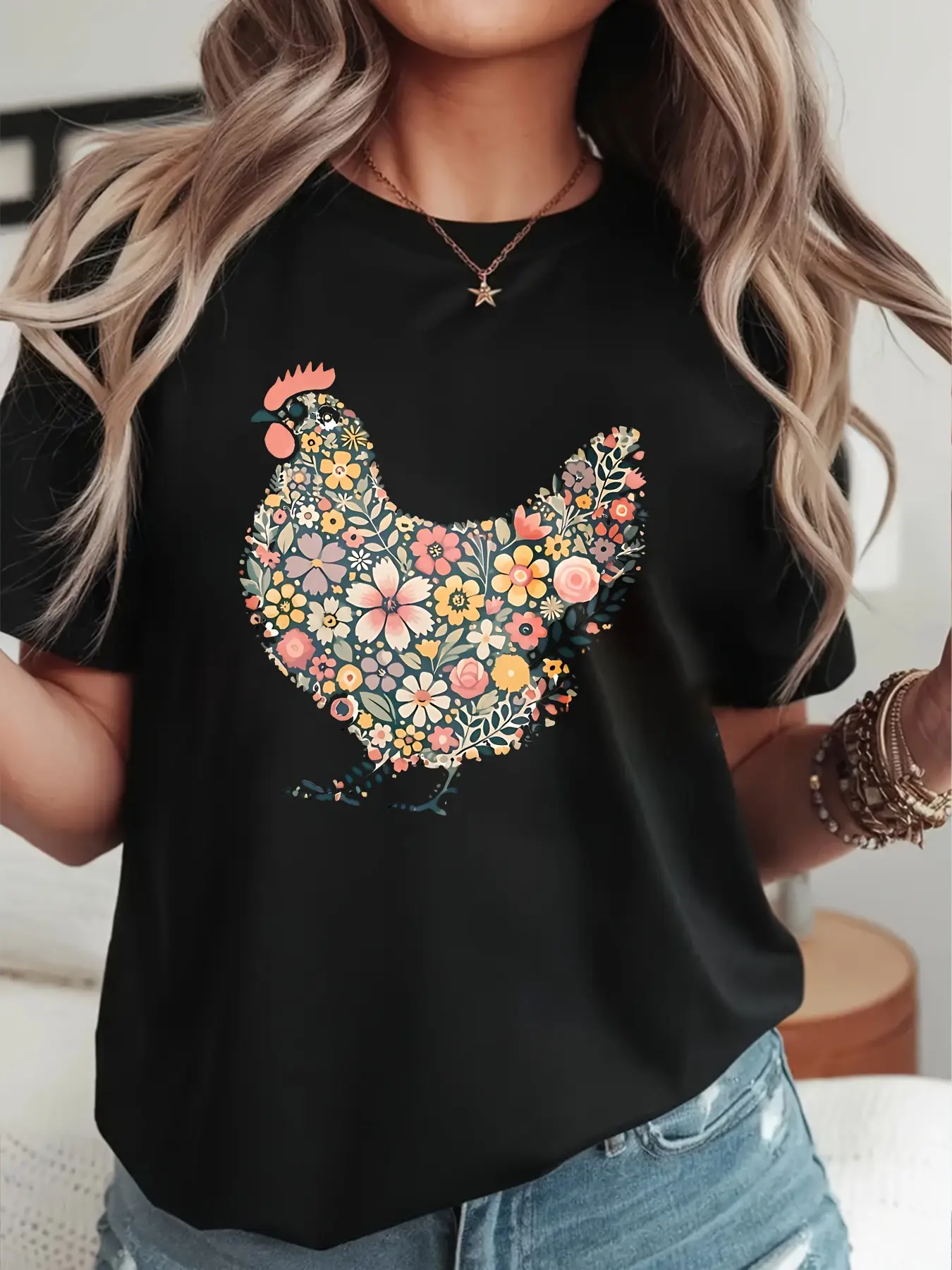 Ladies' Bohemian Chicken Lover T-Shirt from Comfort Colors, Featuring a Whimsical Wildflower Design, Perfect for Cottagecore Enthusiasts And Humorous Chicken Moms