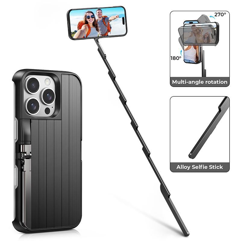 TIDEOK Bluetooth & Extendable Selfie Stick Phone Case for iPhone 13/14/15/16, Shockproof Protection, ABS+Alloy – Handheld for Concerts & Travel