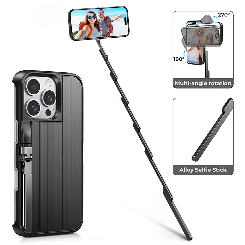 TIDEOK Bluetooth & Extendable Selfie Stick Phone Case for iPhone 13/14/15/16, Shockproof Protection, ABS+Alloy – Handheld for Concerts & Travel
