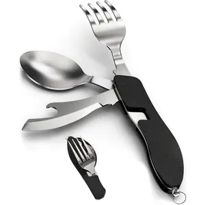 1 Piece Camping Cutlery Set - Detachable Folding Knife Fork Spoon, Multifunctional Outdoor Camping Hiking Cutlery Black Mini Folding Cutlery, Suitable for Hiking, Backpacking, and Picnics